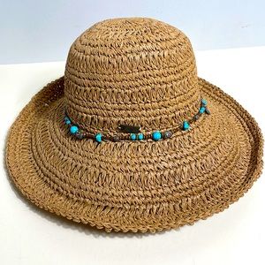 Sun ‘n’ Sand Tan Braided Straw floppy Hat With Turquoise Beaded Ribbon One Size